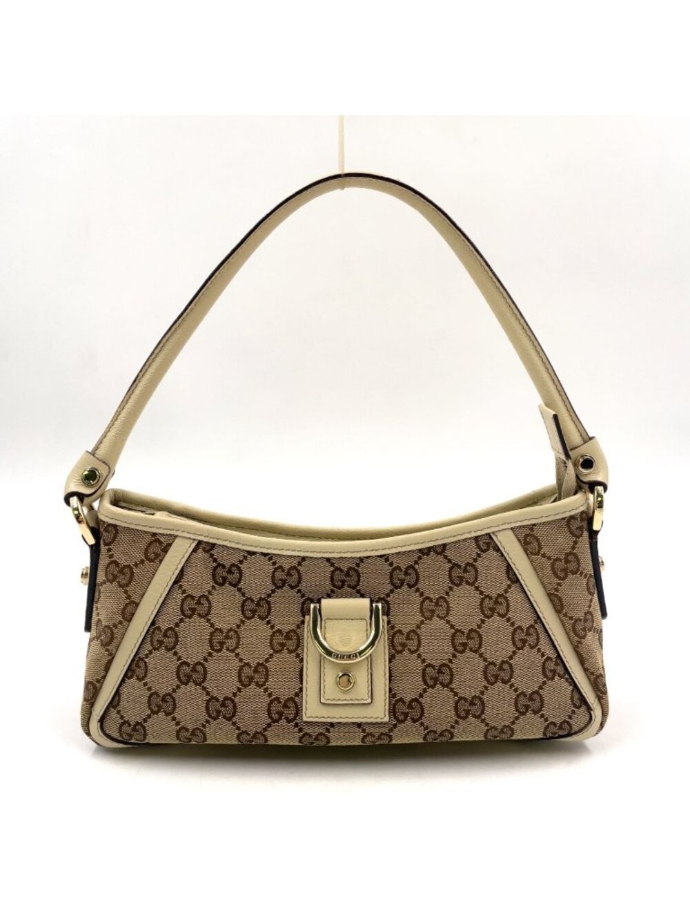 Gucci Abbey Leather Canvas Off White Beige Bag Gold
